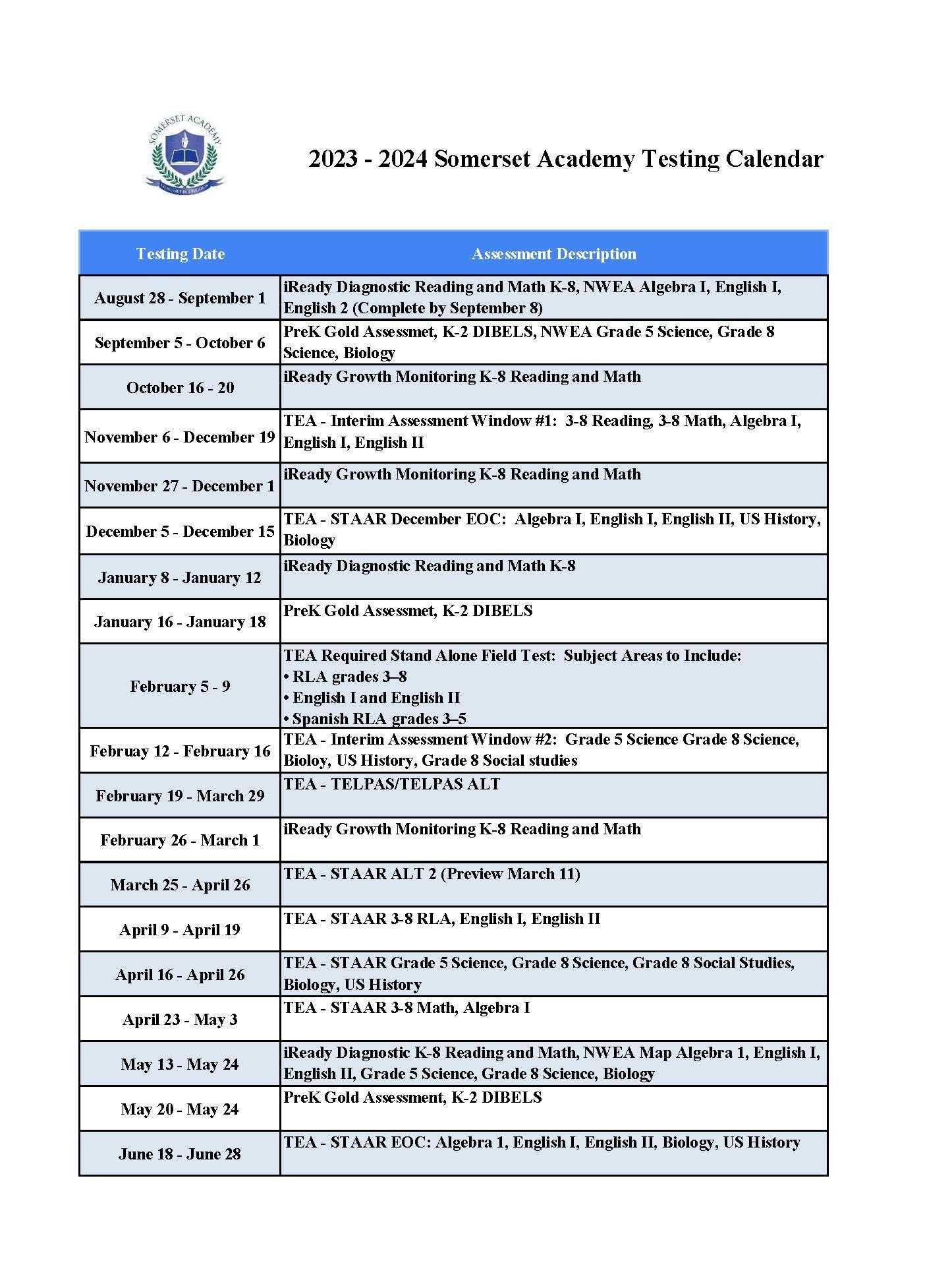 News | 2023-2024 Testing Schedule